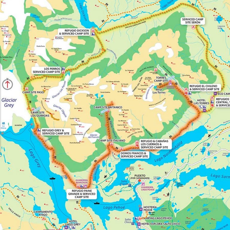 Overzichtskaart van Torres del Paine met refugios en campings langs de W en het O-circuit